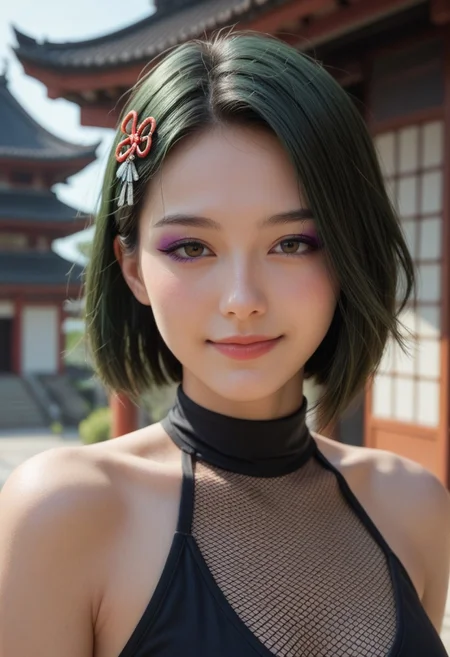score_9_up, score_8_up, score_7_up, score_6_up, 1girl, 25 years old, perfect face, (adult), sexy,
detailed face, blush, shy smile, portrait, face focus, depth of field, looking at viewer, close up,
(purple makeup),
green hair, short hair, hair ornament,
bare shoulders, clothing cutout, black fishnet top, black halterneck, ninja,
east asian architecture, architecture