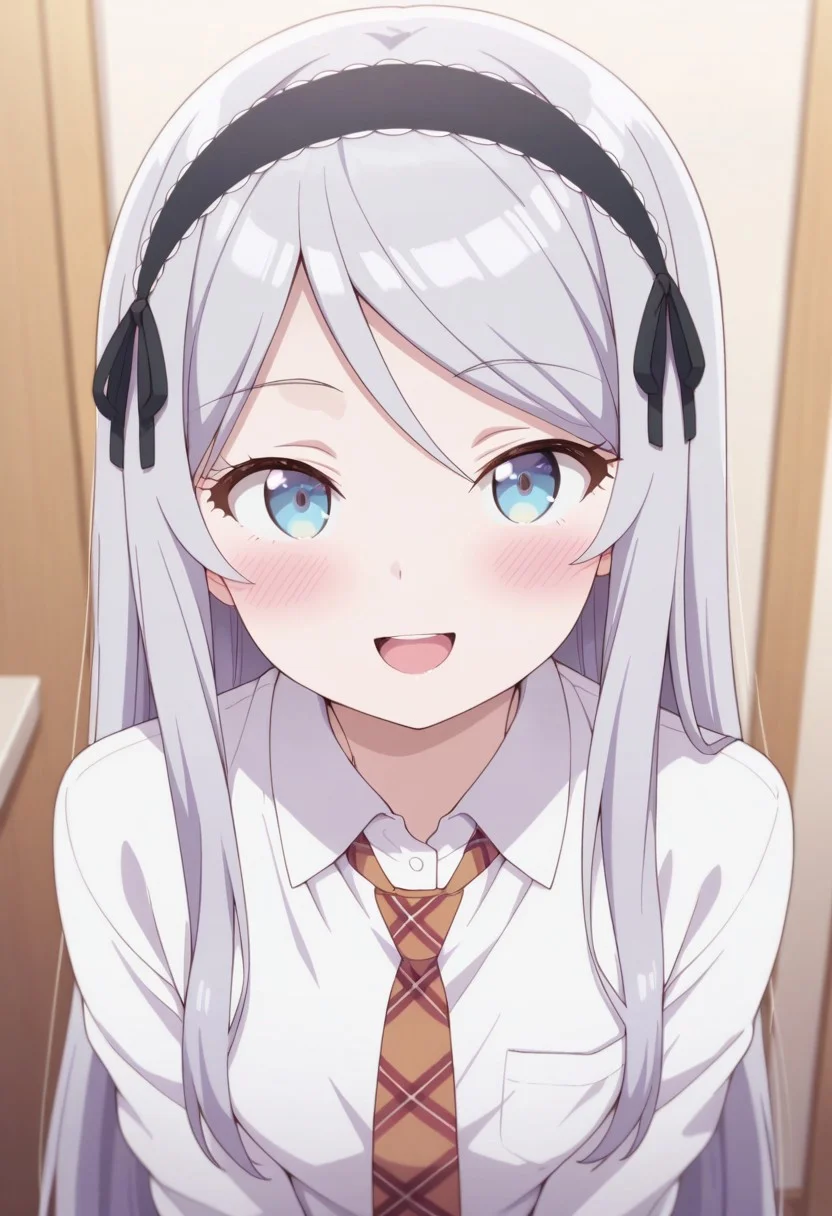 masterpiece,best quality,amazing quality,houjou shisei, long hair, blue eyes, grey hair, 1girl, solo, necktie, smile, blush, white shirt, shirt, looking at viewer, open mouth, hairband, collared shirt