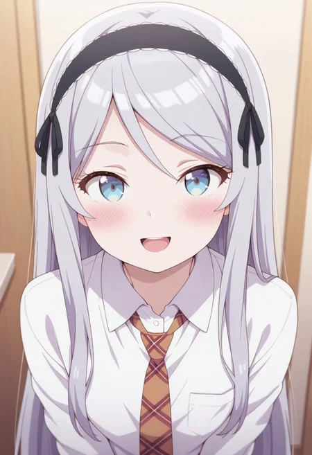 masterpiece,best quality,amazing quality,houjou shisei, long hair, blue eyes, grey hair, 1girl, solo, necktie, smile, blush, white shirt, shirt, looking at viewer, open mouth, hairband, collared shirt