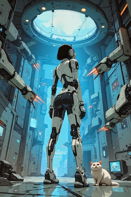 a futuristic, high-tech setting with a humanoid cyborg at its center. The cyborg, a female with a sleek, metallic, and glossy white exoskeleton, stands confidently with her back to the viewer, showcasing her athletic physique and toned legs. Her head is adorned with a sleek, helmet-like device with a visor, and she has short, dark hair. She wears a form-fitting, high-tech bodysuit that covers her entire body, enhancing her curves and muscular build.The background reveals a spacious, circular room with a metallic, industrial feel. The walls are lined with various panels and displays, emitting a blue and white light that casts a cool, almost eerie glow. Multiple robotic arms, some with mechanical claws, extend from the walls and ceiling, suggesting a high level of automation and advanced technology. The floor is metallic and slightly reflective, with various cables and wires running along its surface.In the foreground, a small, fluffy white cat with large eyes and a soft, round face is visible, adding a touch of warmth and contrast to the otherwise cold, futuristic environment. The overall mood of the image is one of high-tech sophistication and advanced machinery, with a hint of mystery and intrigue.,in the style of cksc,anime, cyberpunk, DB4RZ, DB4RZ style painting <lora:CPA:0.5><lora:FLUX-daubrez-DB4RZ:0.3><lora:Luminous_Shadowscape-000016:0.3><lora:ck-shadow-circuit-000021:0.35>