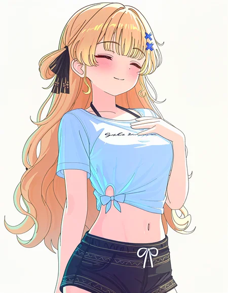 (masterpiece, best quality, newest, very aesthetic, highres, absurdres:1.2), simple background, white background, <lora:Pongdlr:0.7> pongdstyle , BREAK
1girl, solo, <lora:PhoebeV1:0.85> phoebe, long hair, blonde hair, hair ribbon, x hair ornament, cowboy shot, upper body, (closed eyes:1.1), smile, <lora:GazeOnMeILV1.0:0.75> gazeblack, white tied midriff, black shorts, black bikini, bikini under clothes, hand on own chest,
<lora:noobai_vpred_1_masterpieces_v23:0.85>