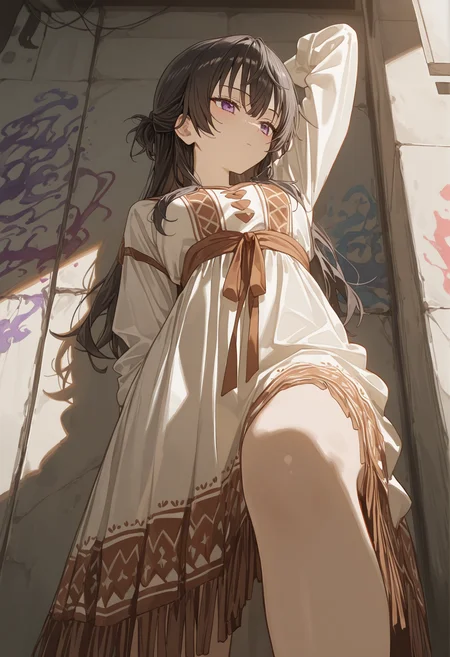 perfect quality,high quality,masterpiece,best quality,amazing quality,very aesthetic,Cinematic Lighting,newest,Tactical use of shadow,
from_below,perspective,looking_away,Stern look,
YukiSuou Cyql,1girl,solo,long hair,bangs,black hair,purple eyes,
convenient_leg,arm_behind_head,
bohemian style, flowing dresses, layered clothing, earthy colors, fringe accessories, ethnic prints, natural fabrics, artistic designs,
Graffiti art, Street art, vibrant, urban, detailed, tag, mural,,
<lora:ponyv4_noob1_2_adamW:0.5>,<lora:spo_sdxl_10ep_4k-data_lora_webui:0.6>,<lora:USNR STYLE_XL_lokr:0.45>,<lora:illustrious_all_rated_v1:0.6>,<lora:HG2512 by CYQL:0.4>,HG2512,<lora:YukiSuou_Illustrious by Cyql:0.9>,
