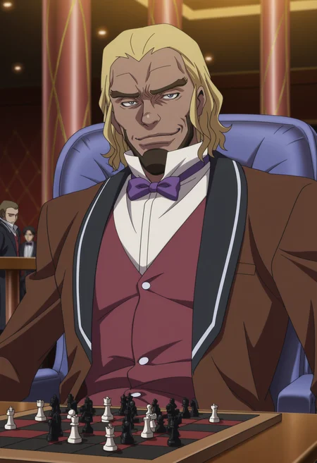 masterpiece, best quality, amazing quality, 1boy, CGBKing, anime coloring, anime screencap, indoors, casino, blue armchair, 1boy, solo, CGBKing, dark-skinned male, dark skin, facial hair, smirk, looking at viewer, figure four sitting, brown jacket, suit, red vest, buttons, white collared shirt, popped collar, purple bowtie, sitting, in chair, upper body, wooden table, chessboard, chess pieces,   <lora:KingandKallen-000039:0.8>