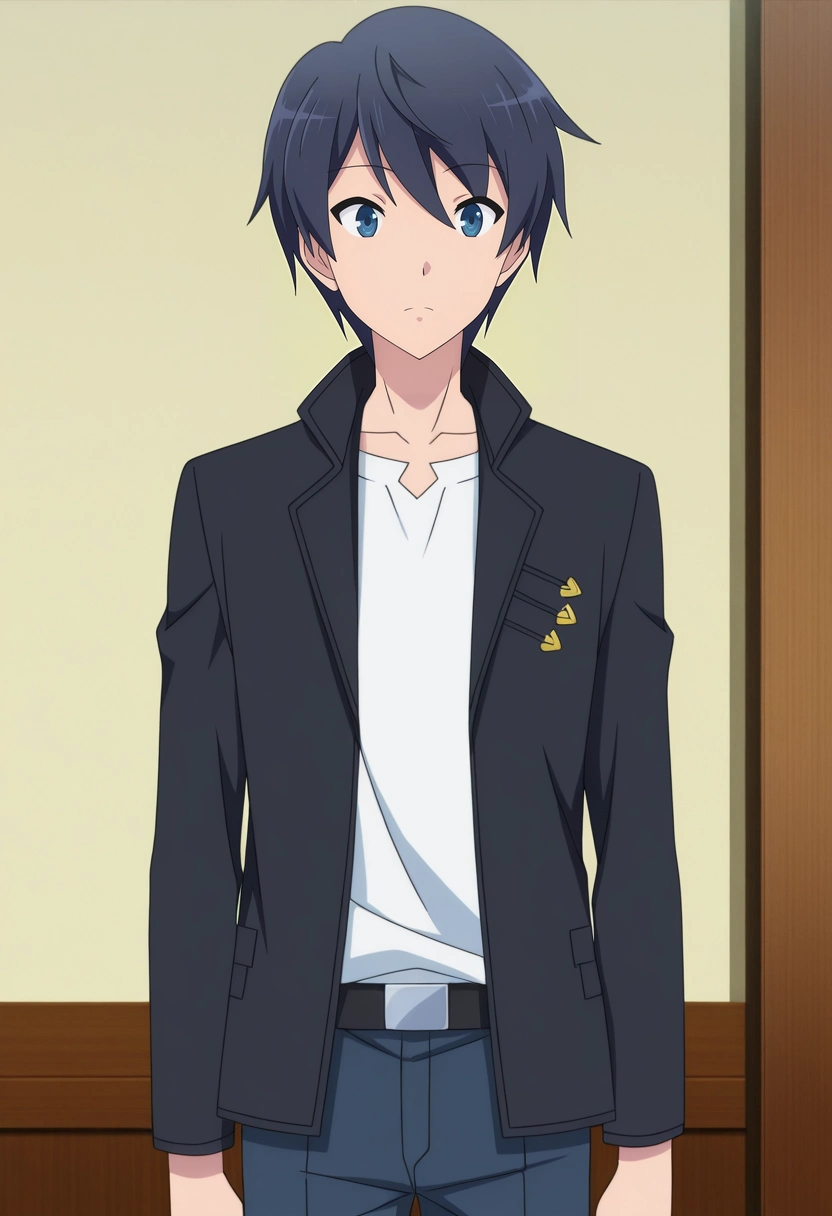 masterpiece, best quality, anime screencap, official style, anime coloring, cowboy shot, 1boy, solo, male focus, <lora:touya_mochizuki_ilxl:0.9>, touya_mochizuki, black hair, blue eyes, ,