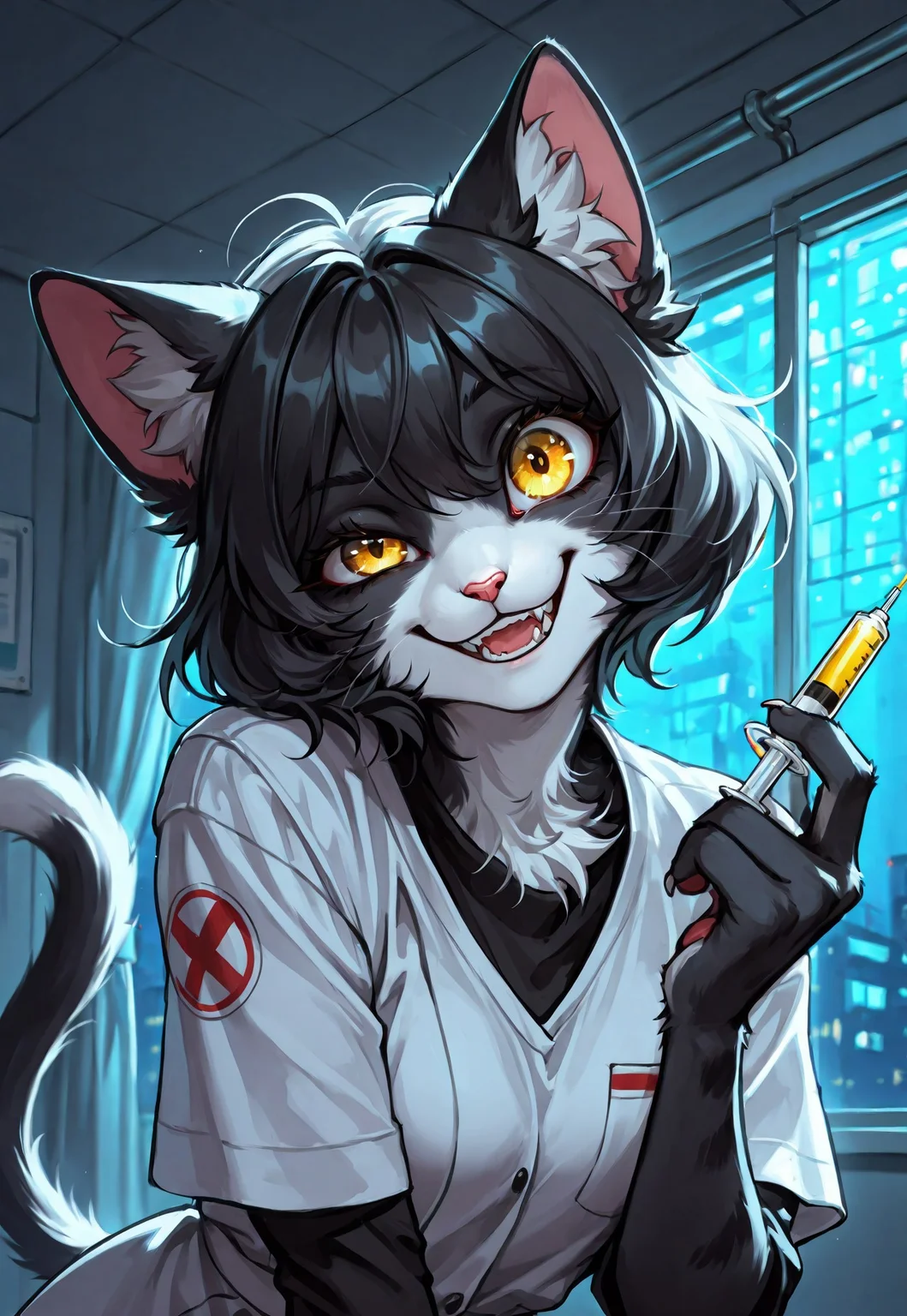 score_9, score_8_up, score_7_up, screencap, (solo), sfw BREAK 1girl, ErwinWA, furry, anthro, feline, white and black fur, short hair, animal ears, cat tail, Erwinuniform2, upper body, face close up, (Erwinhair:1.2), crazy eyes, crazy smile, uneven eyes, head tilt, yellow eyes, BREAK in hospital, night, darkness, head leans forward, extremely detailed, horror theme, tranquil setting, beckoning, holding syringe, epic lighting, dim light, detailed background, sharp focus, extremely detailed, high detail, dynamic angle, dynamic pose