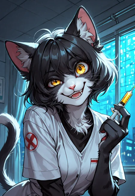 score_9, score_8_up, score_7_up, screencap, (solo), sfw BREAK 1girl, ErwinWA, furry, anthro, feline, white and black fur, short hair, animal ears, cat tail, Erwinuniform2, upper body, face close up, (Erwinhair:1.2), crazy eyes, crazy smile, uneven eyes, head tilt, yellow eyes, BREAK in hospital, night, darkness, head leans forward, extremely detailed, horror theme, tranquil setting, beckoning, holding syringe, epic lighting, dim light, detailed background, sharp focus, extremely detailed, high detail, dynamic angle, dynamic pose