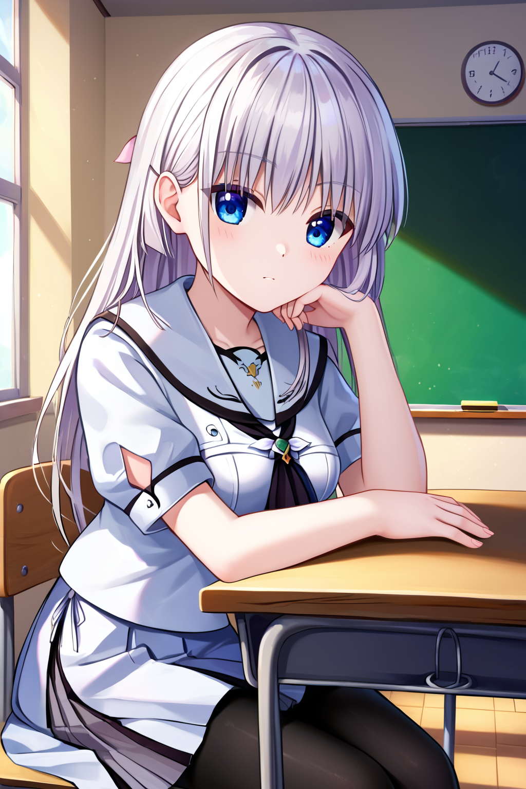 zPDXL2, rating_safe, source_anime, 1girl, 4k quality, detailed background, detailed eyes, (cowboy shot), classroom, classroom desk, sitting, resting head on hands, <lora:naruse-shiroha-xl-04:1>, naruse shiroha, medium breasts, white hair, blue eyes, white school uniform, white skirt, black leggings,