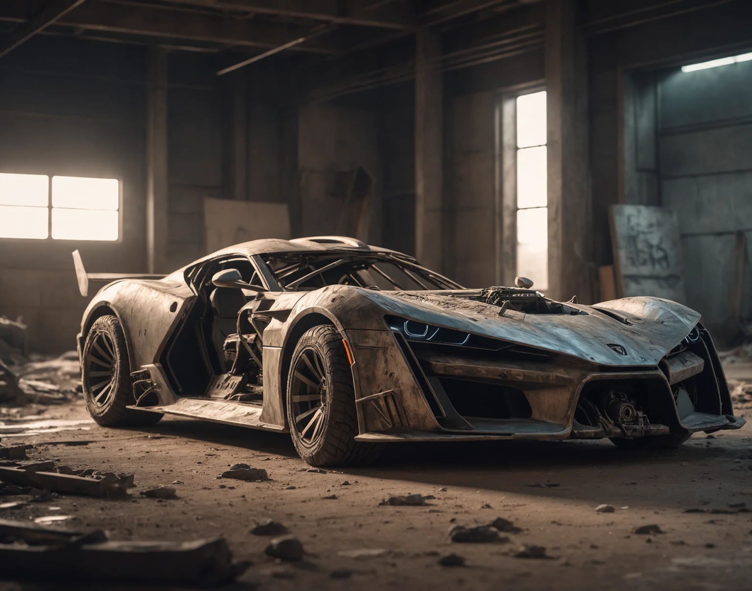 futuristic sports car, post apocalyptic, Fujichrome Provia 100F, F/8, RTX, photolab, high quality photography, 3 point lighting, flash with softbox, 4k, Canon EOS R3, hdr, smooth, sharp focus, high resolution, award winning photo, 80mm