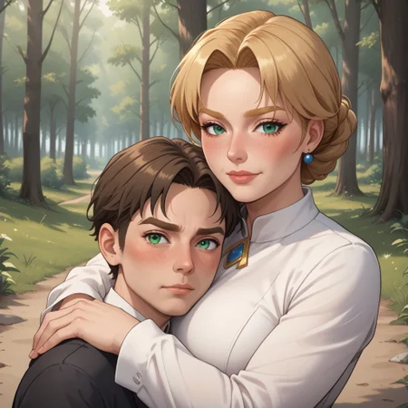 masterpiece, best quality, score_9, break. Pavursula, (((1boy, pavel, blonde hair, blonde eyebrows, blue eyes, blush, yellow clothing, black pants, black shoes, adult male, mature male))), break, (((1girl, ursula, brown hair, brown eyebrows, green eyes, blush, white clothing, black pants, black shoes, adult female, mature female))), hug, forest, natural lighting