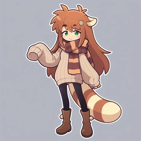 score_9, score_8_up, score_7_up, score_6_up, score_5_up, score_4_up, gretafurret, striped scarf, ribbed sweater, black pantyhose, brown boots, sleeves past fingers, sweater dress, tail, animal ears, long hair, brown hair, standing, looking at viewer, dynamic pose, white outline, simple background