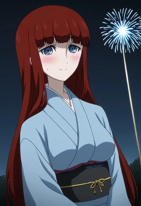 rating_safe, Ultra-high-detailed Anime illustration of Kagari Shiina from Anime Steins;Gate 0. 
The artwork features Kagari in a solo, standing position with a outdoors, flield, and night background. night time. night.
She is depicted with intricate details showcasing her large breasts, natural_breasts. She is a white skinned, 22 years old woman. Kagari is looking_at_viewer with perfect_eyes, Her pupils are highly detailed. The eyes are open. blue eyes. Kagari's eyes are highlighted. Highlighted eyevrows. 
She has long hair, red colored hair, styled in blunt bangs and floating hair.
She is wearing a blue kimono and black shoes. japanese kimono, kimono.
The artistic style is intricate_details_xl with a focus on Anime art. The color palette emphasizes red and black with detailed strokes to bring out the character's features. The lighting creates dramatic shadows and highlights, adding depth to the artwork. The perspective is from a face focus, dutch angle to enhance the impact of the character's expression. This masterpiece is a true portrayal of Kagari's complex personality and will captivate any fan of Kagari. uncensored, upper body, blushing, smile, Kagari Shiina,
perfecteyes,
<lora:Steins_Gate:1>
kimono
happy new year!, Happy New Year fireworks, Happy New Years