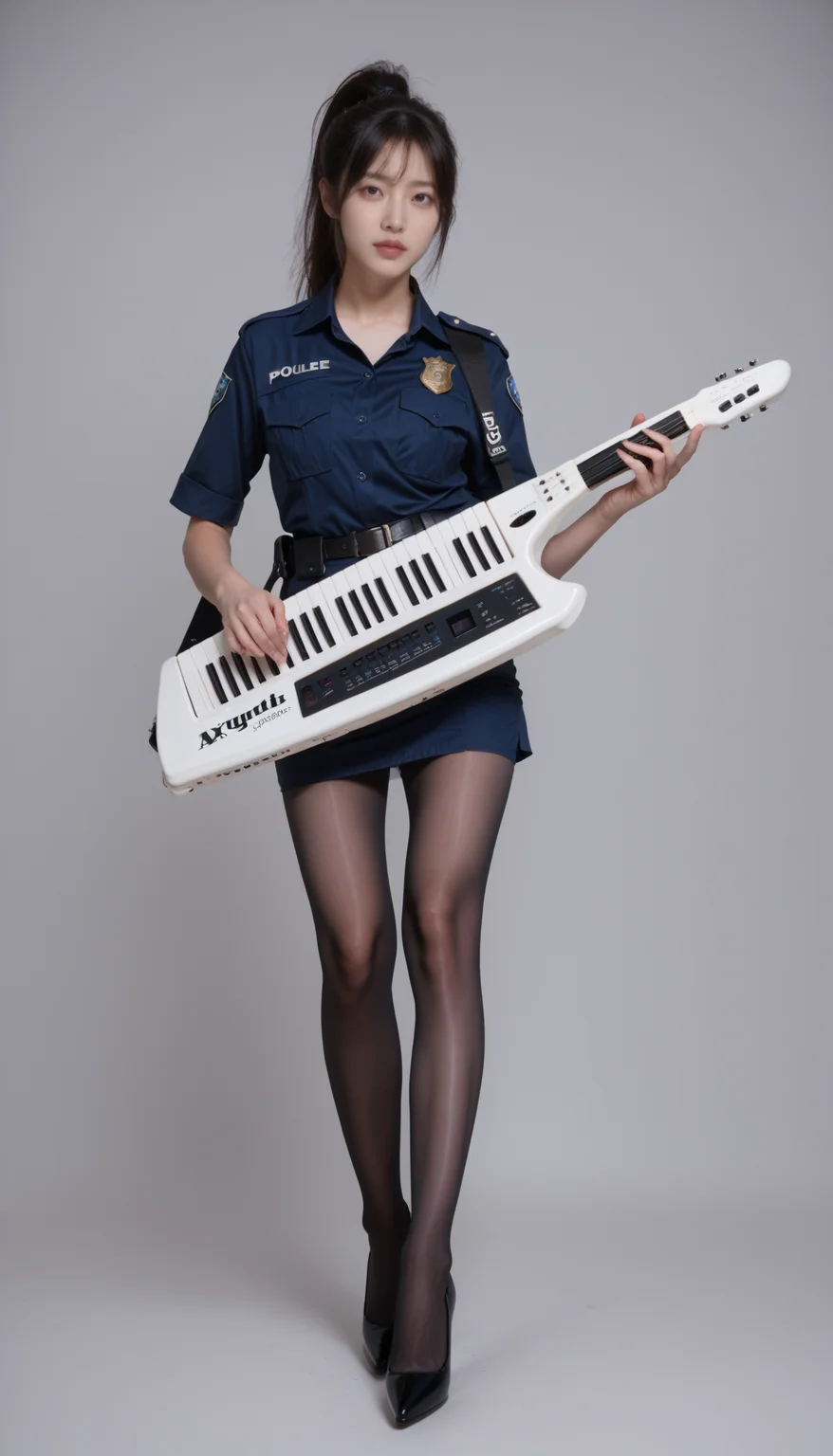 score_9, score_8_up, score_7_up, realistic, photorealistic, horny , 1girl, ponytail hair, black hair, perfect lips, thick pantyhose, sexy police outfit , photoshoot, high heels, full body,
simple background,
playing keytar, keytar, <lora:keytar-pony-000007:0.7>