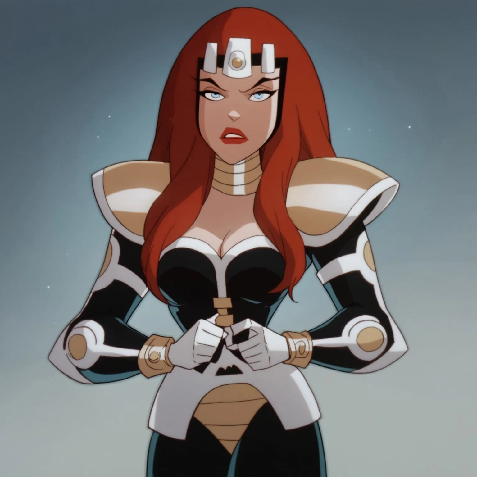 safe_pos, score_9, score_8_up, score_7_up, 1girl, solo, lipstick, red hair, long hair, blue eyes, bodysuit, armor, headpiece, cleavage, Maxima (dc)