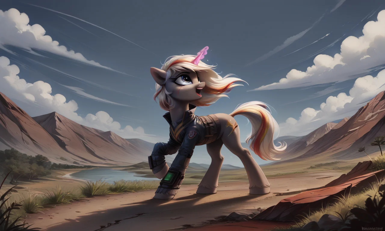 score_9, score_8_up, score_7_up, [:idw:0.7], (scenery porn:0.8) BREAK
source_pony, velvet remedy, unicorn, pony, fallout equestria, scar, looking at someone, mouth open, dynamic pose, reaction image, looking up, magic, detailed, best quality, detailed eyes, detailed background <lora:vlvt_rem3:1> <lora:LineArt Mono Style LoRA_Pony XL v6:1>  <lora:Realistic_2.5DAnime_Merge1:0.4>
