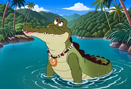 Tick tock crocodile,male animal focus,tail, crocodile open large mouth ,green skin, blue eyes, Tick Tock the crocodile is he giant and very huge size,teeth, swimming in water,partially submerged,Tick Tock the crocodile looking at a young Choi mochimazzi who she is sitting on Tick Tock the crocodile belly floating on the water on his back. Choi mochimazzi tamako market anime,long hair, black hair, dark-skinned female,smal size, purple eyes, tropical cloth, chest_band,green dress jewelry, dark skin, smile, necklace,hair flower, bracelet, anklet, barefoot,open mouth,river,palm trees, jungle tropical, Disney, anime, manga