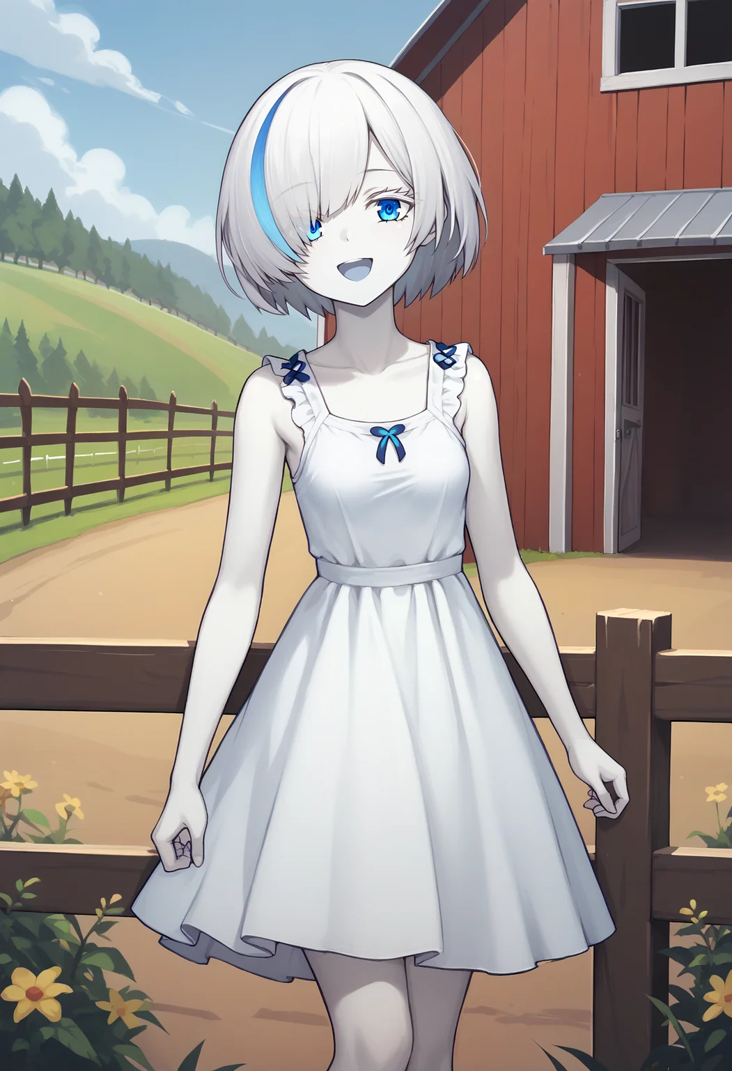score_9, score_7_up, BREAK, smile, open mouth, sundress, sleeveless, outdoors, farm,
<lora:tbazurlanev2:1>, white skin, blue eyes, multicolored hair, streaked hair, colored eyelashes, tbtypea, short hair, hair over one eye, small breasts