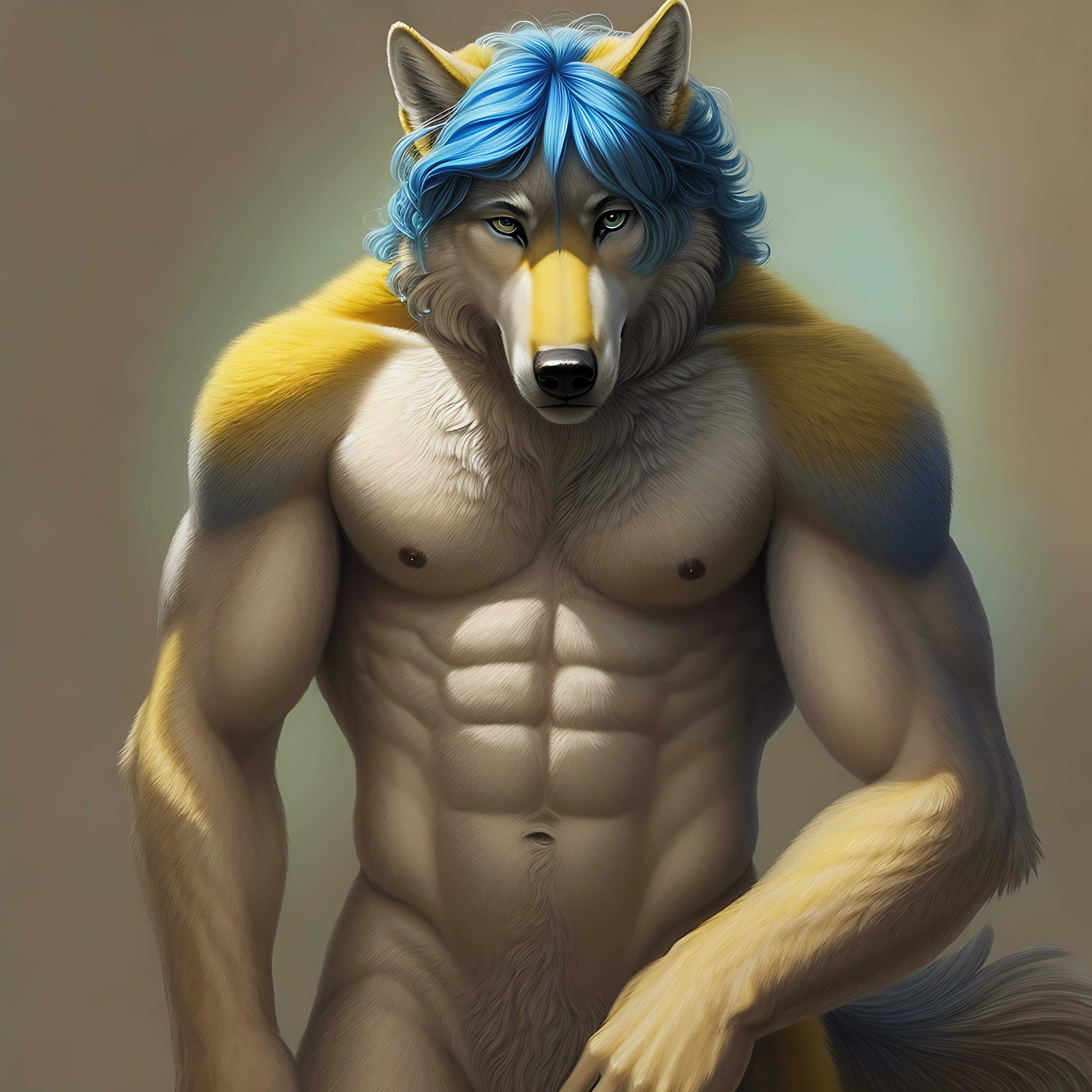 painting, realistic, furry cg vn, bara, realistic painting, solo,  male focus, abs, male nipple, furry, furry male, wolf face, wolf snout,  full body,  two-tone fur, yellow fur with blue tipped ends, muscular, abs, animal ears, wolf ears, wolf tail, shoulder length wavy curly blue hair,  blue hair, tail, calm ocean blue eyes,  male focus, fox ears, tattoo, fox tail, furry, furry male, fingerless gloves, black belt, silver belt buckle, black boots, dark brown open vest, dj headphones around neck,  gay pride neck bandana, foreskin, testicles, penis, erection, uncensored, laying in grass