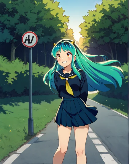 score_9, score_8_up, score_7_up, 1girl,  <lora:lum:1>, lumxl, long hair, green hair, aqua hair, multicolored hair, oni, cone horns, serafuku, school uniform, blue shirt, long sleeves, blue skirt, pleated skirt, yellow neckerchief, sailor collar, arms behind back, wagging skirt, wind, hair wagging, smile, light blush, road, road sign, street, sunset, tree, standing, cowboy shot,