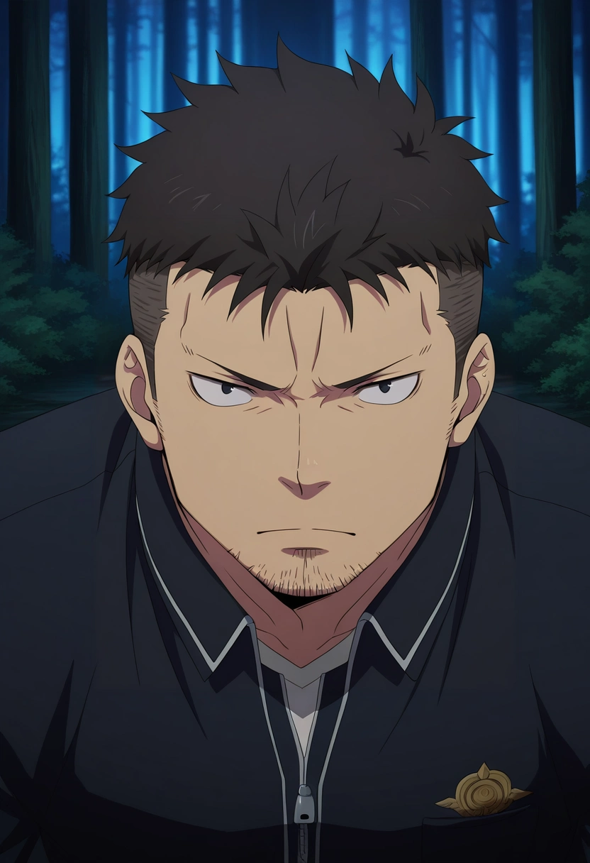 masterpiece, best quality, intricate details, , looking at viewer, , 1boy, solo, male focus, <lora:ryuuji_suguro_ilxl:0.94>, ryuuji_suguro, black hair, black eyes, short hair, undercut, facial hair, stubble, , rule of thirds, forest, indoors, dark, (dynamic pose), expressionless, ,