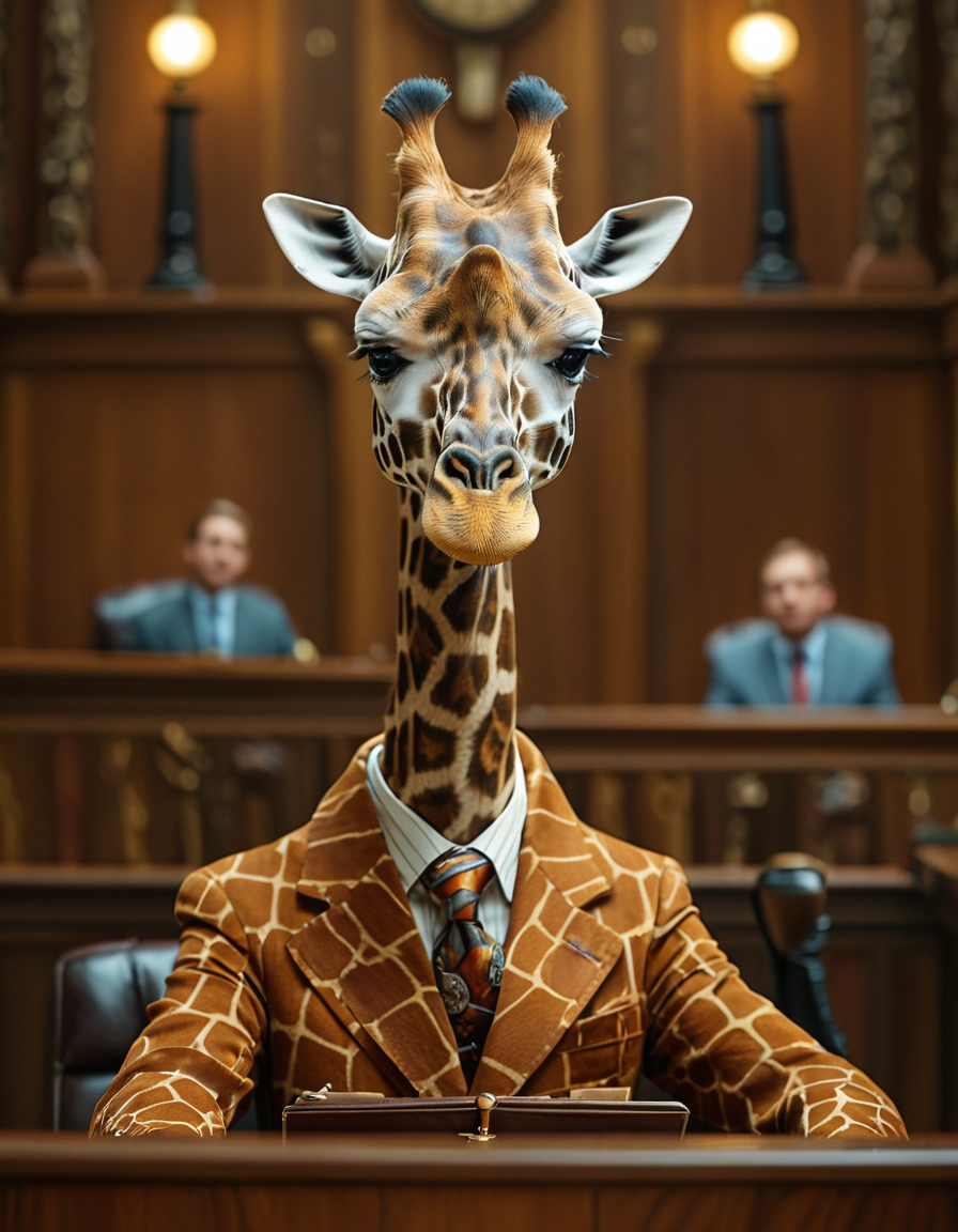 cinematic still giraffe working as lawyer in court . emotional, harmonious, vignette, 4k epic detailed, shot on kodak, 35mm photo, sharp focus, high budget, cinemascope, moody, epic, gorgeous, film grain, grainy, giraffe working as lawyer in court, bright colors, highly detailed, intricate, sharp focus, surreal background, beautiful composition, warm light, futuristic, elegant, crisp, dynamic, full color, cinematic, professional, designed, sunny, glowing, innovative, new, creative, positive, vibrant, confident, unique, loving, attractive, cute, best, perfect, healthy