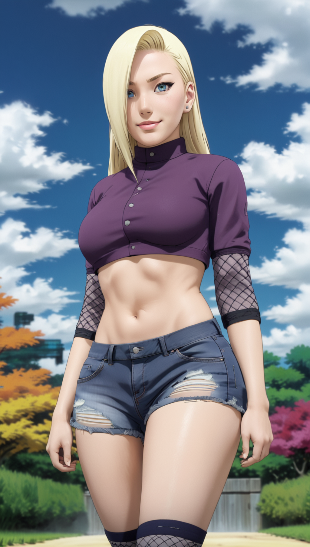 (masterpiece, best quality:1.1), 8k, hdr, high resolution, A highly detailed, extremely high quality artwork of  ino yamanaka, woman, 25 y.o., florida outfit, long hair, cute smile, voluptuous, torn shorts, denim shorts, purple high-collared blouse, mesh arm warmers, (ass, booty:1.2), hand on hip, walking, looking at viewer,  from below, from behind, cowboy shot, looking at viewer, in style of Masashi Kishimoto (anime coloring, anime screencap, Naruto anime style), outdoors, flower garder in background,  <lora:Ino_Yamanaka_sdxl_v1:1>,