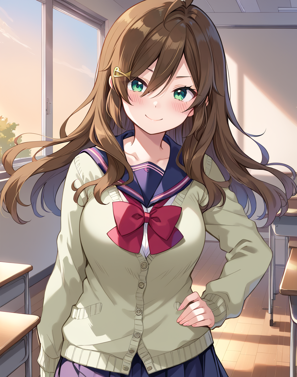 jimi_yuzuko, brown hair, long hair, green eyes, school uniform, olive cardigan, red bow, pantyhose, sailor collar, hairclipBREAKindoors, classroom, sunset BREAK hand on hip, smile, blush, looking at viewer BREAK score_9, score_8_up, score_7_up, source_anime ,zPDXL,<lora:Jimi_Yuzuko:0.8>