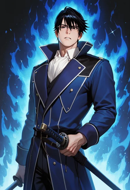 masterpiece, best quality, amazing quality, absurdres, newest, detailed background, definition so sharp, Ultra-HD, 8K cinematic, very awa, impressionate, amazing quality, highres,
solo, male focus, manly, mature male, bara, cool coloring, aesthetic,
reishimunakata, reishi_black hair, reishi_black eyes, 1boy, short hair, glasses, blue coat, white collared shirt, ascot,
parted lips, serious face, charming, sparkle, looking at viewer, holding sword, sword on front face, standing, (blue aura:1.2)