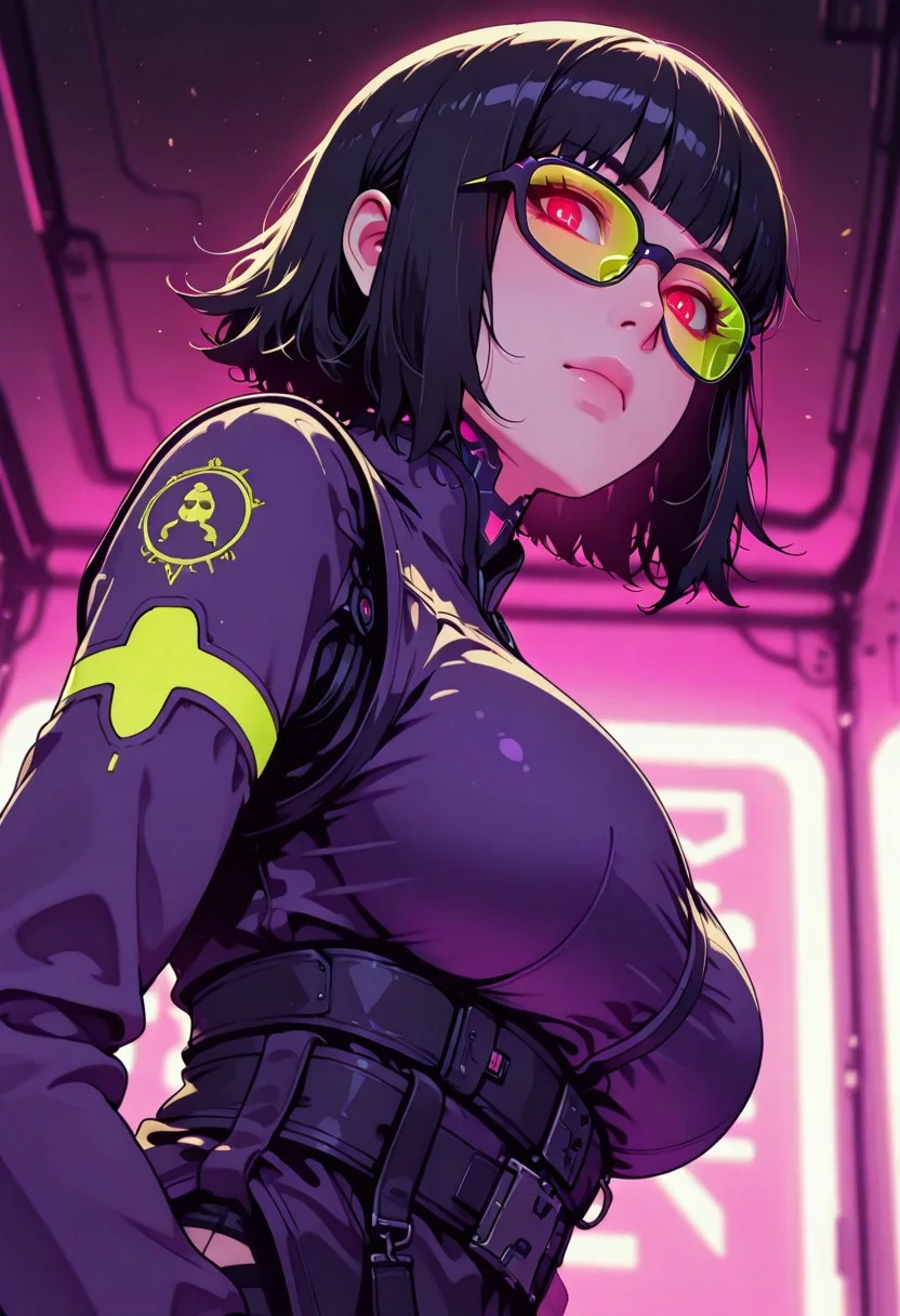 <lora:ck-shadow-circuit-IL:0.78>,
masterpiece, best quality, good quality, very aesthetic, absurdres, newest, 8K, depth of field, focused subject,
close up, stylized, in gold and neon shades, wabi sabi, 1girl, sarada, red eyes, glowing eyes, black hair, short hair, glasses, large breasts,
looking at viewer, dynamic angle, from below, from side, relaxing
<lora:MoriiMee_Gothic_Niji_Style_Illustrious_r1:0.45>
<lora:ck-nc-cyberpunk-IL-000011:0.4>
<lora:ck-neon-retrowave-IL:0.8>