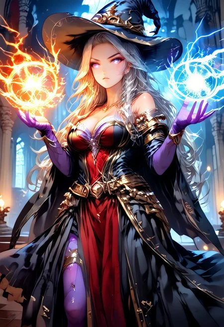 safe_pos, score_9, score_8_up, score_7_up, darkly designed, shadows, splash art, breathtaking detailed, 8k matte painting, highres, cinematic lighting, intricate detail, POV, (finely detailed face), stunning witch, thighhighs, gloves, hat, side slit dress, deep cleavage, bare shoulders, elbow gloves, witch hat, pelvic curtain, purple thighhighs, cowboy shot, from below, detailed eyes, (beautiful witch), (action pose), casting a spell, red glowing pantagram, elemental split, conjures a powerful spell, a ball of pure energy hovers over both hands, (left hand) a blue shimmering ball of lightning, an electrifying aura, (right hand) a deep red glowing fireball, the violent heat is visible, looking at viewer, complex revealing witch dress, galaxy witch hat, white glove, glowing eyes, magic, (star sky background, big bright moon), (fantasy), masterpiece, spectacular, resplendent, marvelously, red spatterd background, silhouetted, light hitting face, dynamic angle, dynamic fighting pose, <lora:Expressive_H-000001:0.8>, expressiveH <lora:MythP0rtr4itStyle:0.9> mythp0rt, <lora:Pony_DetailV1.0:0.9> sxw, inkbaroque