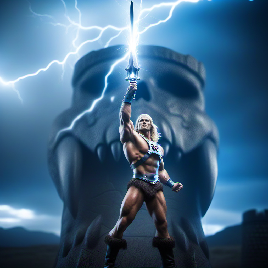 cinematic film still a muscular man, blond long hair, blue eyes, boots, manly, armor, energy sword, skullcastle background, lightning <lora:He-man1024:0.8> . shallow depth of field, vignette, highly detailed, high budget, bokeh, cinemascope, moody, epic, gorgeous, film grain, grainy