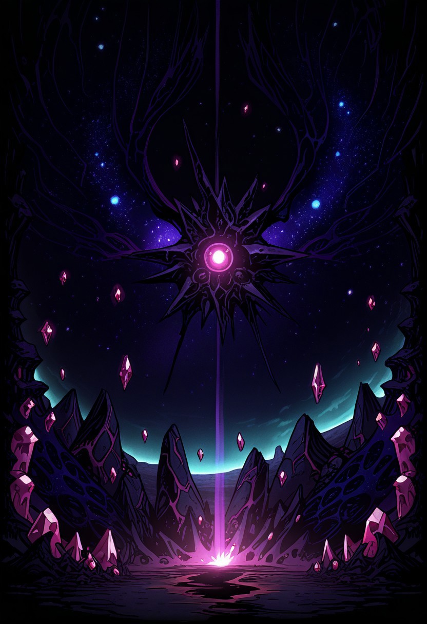 AMAZING QUALITY, MASTERPIECE, DW0, DARK TOON, SCENERY, FLOATING CRYSTALS, GLOWING, ABYSS, COSMIC, OUTER SPACE