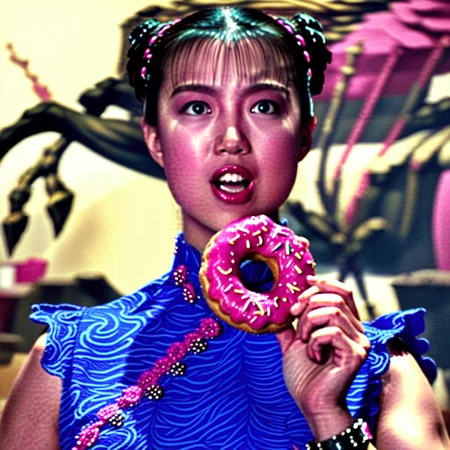 mingli, chun li, blue china dress, eating a pink donut