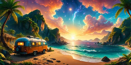 masterpiece,ASCII,8k.absurdes,intricate,maximum resolution,hyper detailed,
[a beautiful panorama from inside a camper],scenery of a beautiful beach,with palm trees,sunset,mountains,rocks,cliffs,<lora:SDXLFaeTastic2400:1>,<lora:add-detail-xl:1>,<lora:detailed_notrigger:1>,zPDXL,<lora:ral-mtclniscp-sdxl:0.7>,ral-mtclniscp,