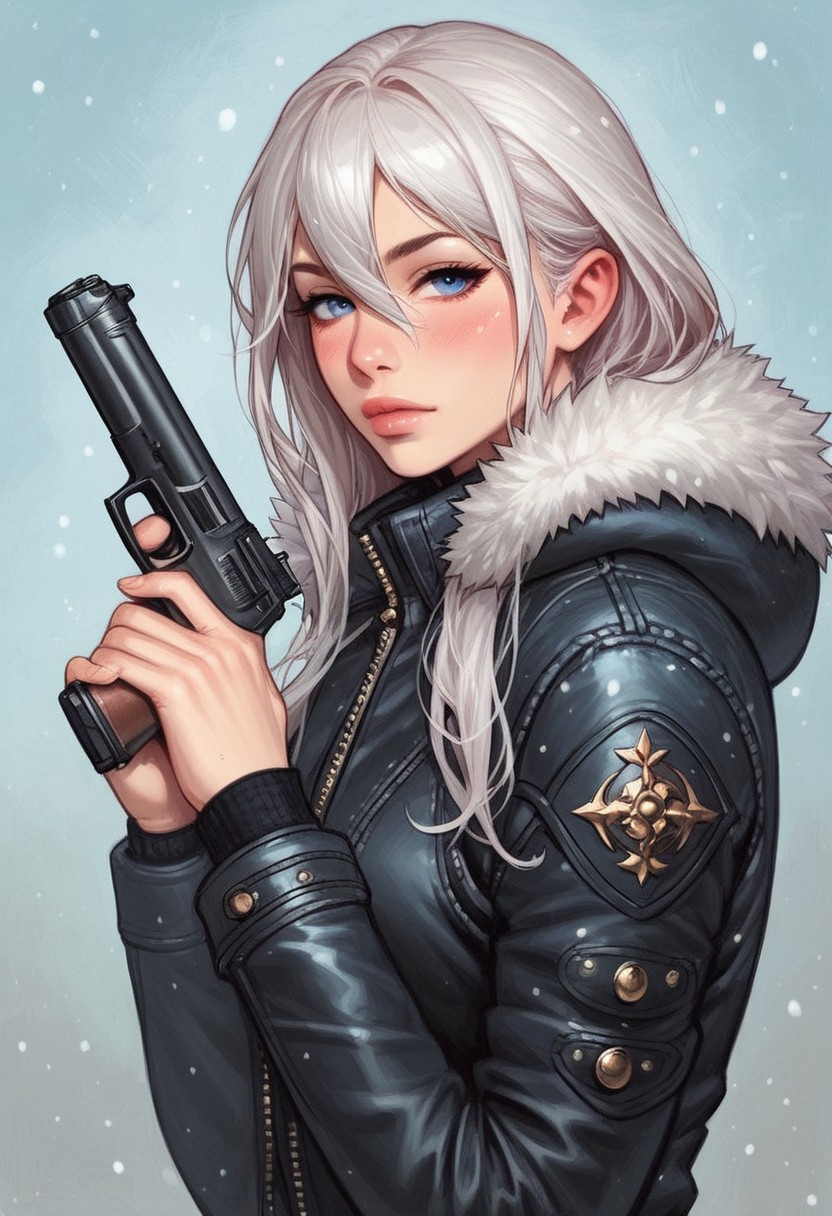 (((side view)))
1 girl, portrait, winter jacket with fur hood, long hair, winter, snowfall, 1girl solo, white hair, looking at viewer, bangs, day, blue sky, hair between eyes, outdoors, blush dramatic lights, relax,
(((full-clothed))), (big handgun, big pistol in hands:1.5),
BREAK 
(outdoor background:1.9) score_9, score_8_up, score_7_up, score_6_up, source_cartoon, rating_explicit, Expressiveh, (((((upper body))))), dynamic pose