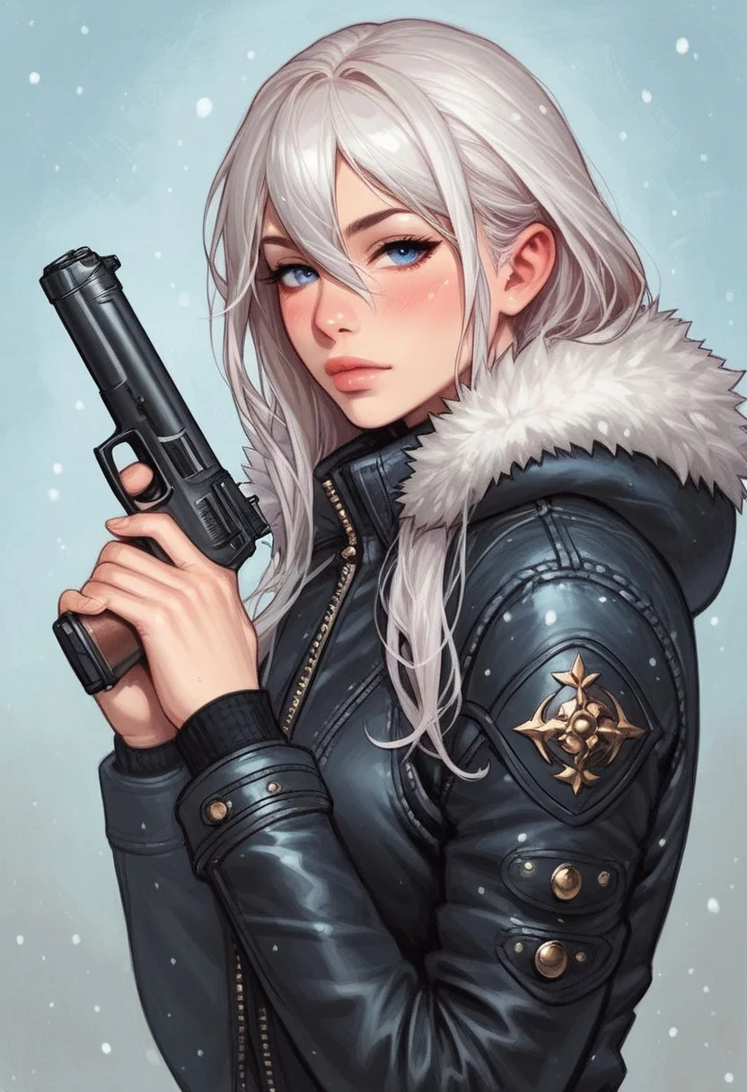 (((side view)))
1 girl, portrait, winter jacket with fur hood, long hair, winter, snowfall, 1girl solo, white hair, looking at viewer, bangs, day, blue sky, hair between eyes, outdoors, blush dramatic lights, relax,
(((full-clothed))), (big handgun, big pistol in hands:1.5),
BREAK
(outdoor background:1.9) score_9, score_8_up, score_7_up, score_6_up, source_cartoon, rating_explicit, Expressiveh, (((((upper body))))), dynamic pose