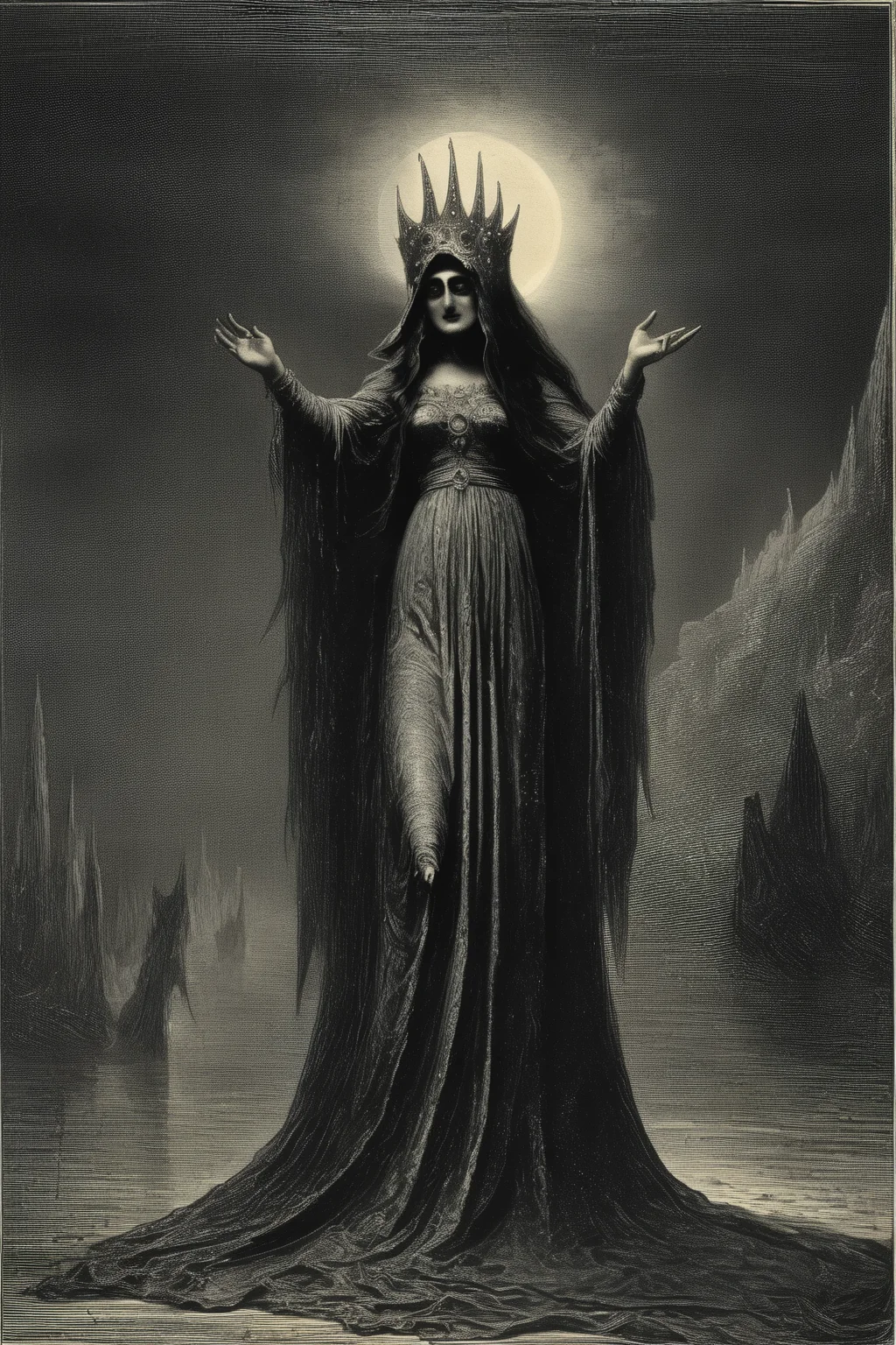<lora:Gustave Dore Style:1>Gustave Dore Style - The horror known as Rila she of the endless night and priestess of the ever mindful dark of the universe of the Long Night. in its true form of endless evil and horror and all its terrifying power and monster form
