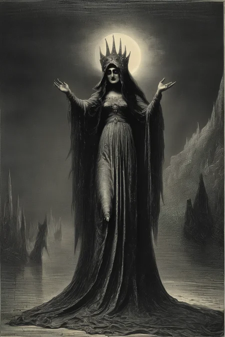 <lora:Gustave Dore Style:1>Gustave Dore Style - The horror known as Rila she of the endless night and priestess of the ever mindful dark of the universe of the Long Night. in its true form of endless evil and horror and all its terrifying power and monster form