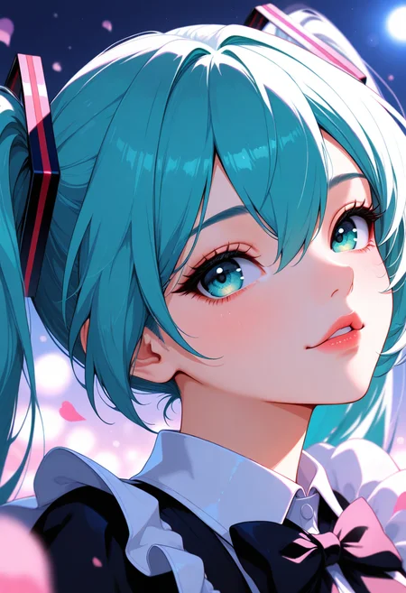 masterpiece, best quality, good quality, very aesthetic, absurdres, newest, 8K, depth of field, focused subject, artist:moriimee, BREAK masterpiece, best quality, good quality, very aesthetic, absurdres, newest, 8K, depth of field, focused subject, artist:moriimee, BREAK hatsune miku, classic outfit, happy, silhouetted, chiascuro, directional moonlight, vibrant hues, dynamic, close-up, <lora:DetailedEyes_V3:1> <lora:MoriiMee_Gothic_Niji_Style_Illustrious_r1:0.4> <lora:hrtdrp:1>