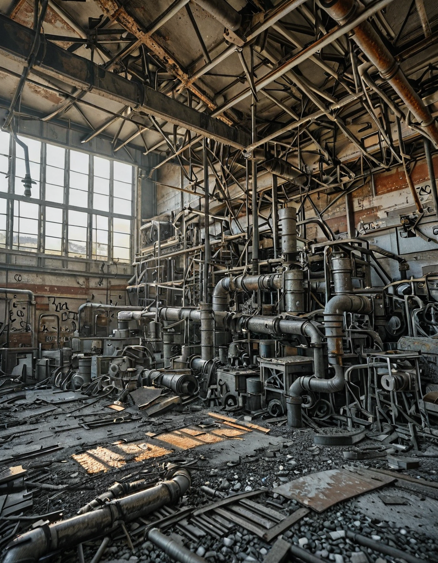 <lora:City_Worlds_02_Lost_Indusinc:1> photo, cw02lost, indoors, abandoned, factory, industrial, broken machinery, pipes, rust, decay, grunge, metal, dust, derelict, structure, steel, ducts, graffiti, worn, ventilation, urban, corrosion, sunlight, broken ceiling, sunlight, sunset, blue sky