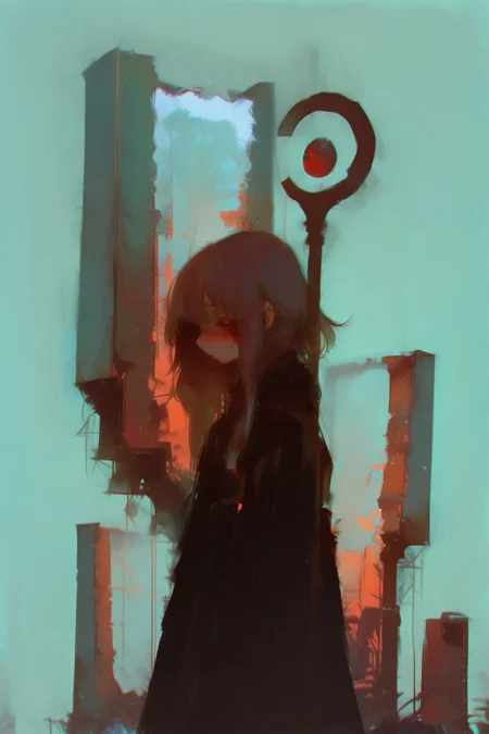 masterpiece, best quality, very aesthetic, dynamic composition, sketch, traditional media, abstract, abstract background, painting \(medium\), no lineart, side-profile,Vanishing point,shy expression,Standing, 1girl, megumin, brown_hair, holding_staff, ruins, solo, chromatic aberration, building, outdoors, standing, post-apocalypse, facing away, pantyhose, city,