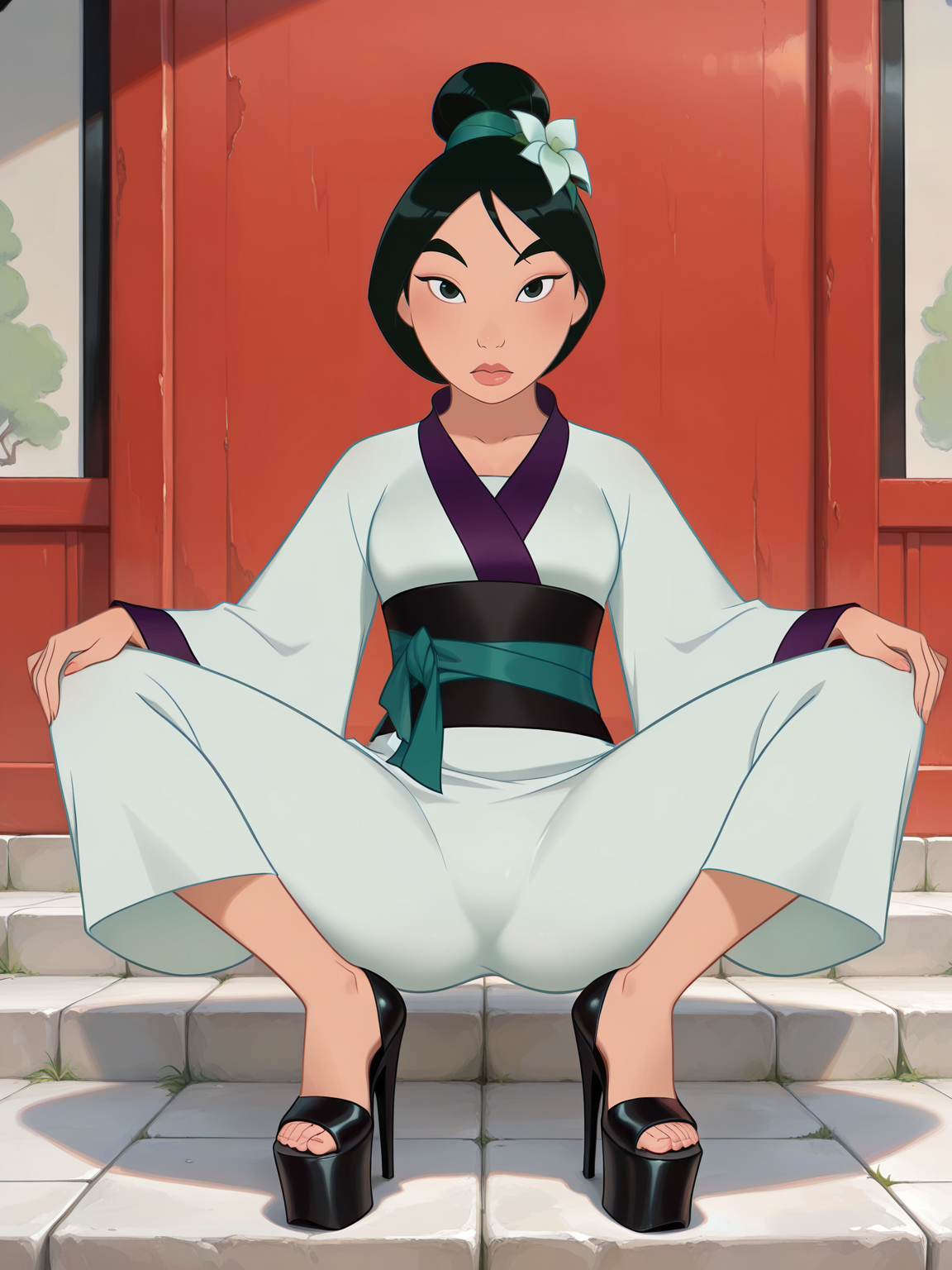 <lora:MulanIL:1> mu_an, 1girl, asian, black hair, black eyes, bun hair,
looking at viewer, squatting, front view, spreading legs, platform high heels