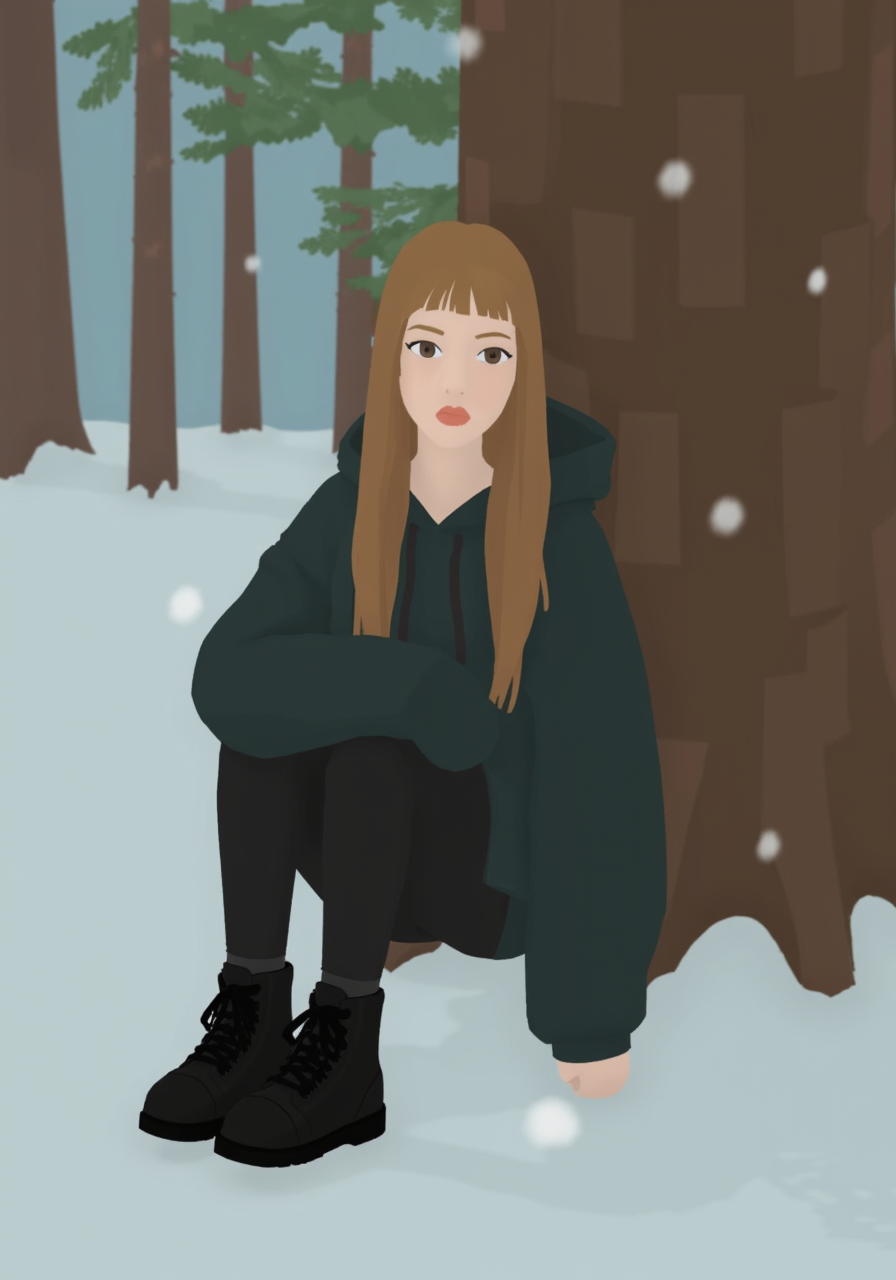 g00se art with smooth textureless style with muted pastel palette of, A young woman with long, straight blonde and brown hair styled in emo fashion sits against a tree in a snowy forest, her dark eyeliner and somber expression contrasting with the gentle snowfall, as she wears an oversized black hoodie, black skinny jeans, and black high-top boots.<lora:g00se.safetensors:1.1:1.1>