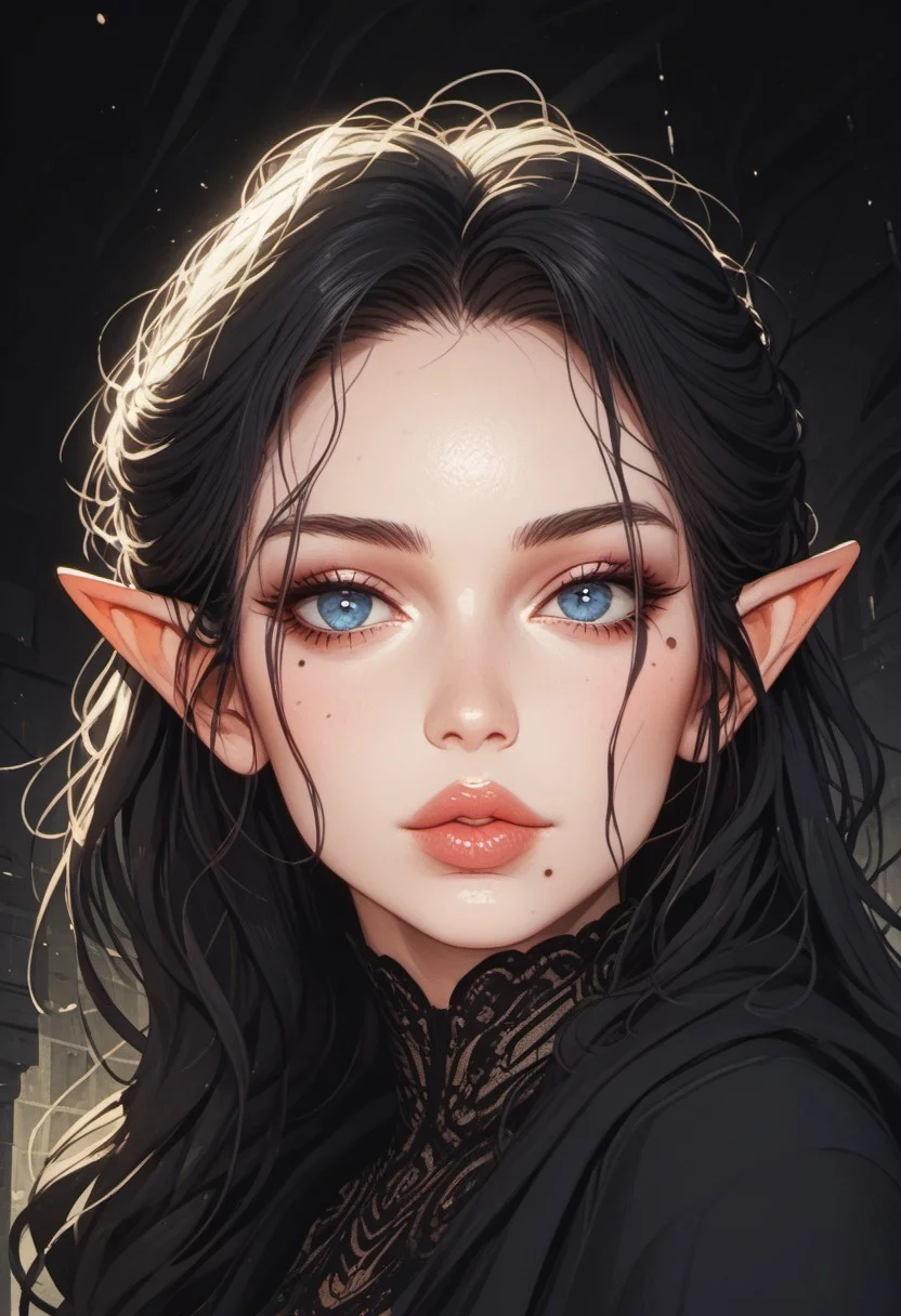 score_9, score_8_up, score_8, ((zPDXL3)), Science Fiction, Star Wars, perfecteyes, ultra detailed, high resolution, high quality, masterpiece, intricate details, intricate body, intricate landscape, knva, Expressiveh, European Instagram Model, upper body shot, low light, dungeon, ruins, green glow, black background, ard3nSW
BREAK
1girl, source_cartoon, mature female, Elf, pointed ears, beautiful, 30 years old, <lora:Darth Revan PONY v1.0:1> 7-darthrevan, 1girl, beautiful, (black hair), messy hair, blue eyes, pale skin, full lips, french, beauty mark mole, black cloak, looking at viewer,