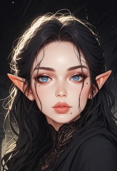 score_9, score_8_up, score_8, ((zPDXL3)), Science Fiction, Star Wars, perfecteyes, ultra detailed, high resolution, high quality, masterpiece, intricate details, intricate body, intricate landscape, knva, Expressiveh, European Instagram Model, upper body shot, low light, dungeon, ruins, green glow, black background, ard3nSW
BREAK
1girl, source_cartoon, mature female, Elf, pointed ears, beautiful, 30 years old, <lora:Darth Revan PONY v1.0:1> 7-darthrevan, 1girl, beautiful, (black hair), messy hair, blue eyes, pale skin, full lips, french, beauty mark mole, black cloak, looking at viewer,