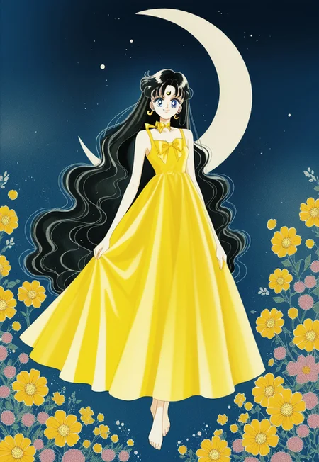 PonyXLV6_Scores Naoko Takeuchi Style, 1girl, solo, long hair, smile, blue eyes, black hair, dress, bow, ribbon, jewelry, very long hair, full body, flower, earrings, barefoot, choker, necklace, facial mark, traditional media, moon, crescent, yellow bow, forehead mark, retro artstyle, ribbon choker, yellow dress, crescent moon, crescent earrings, yellow choker, crescent facial mark, trending on pixiv, WatercolorMangaPDXL