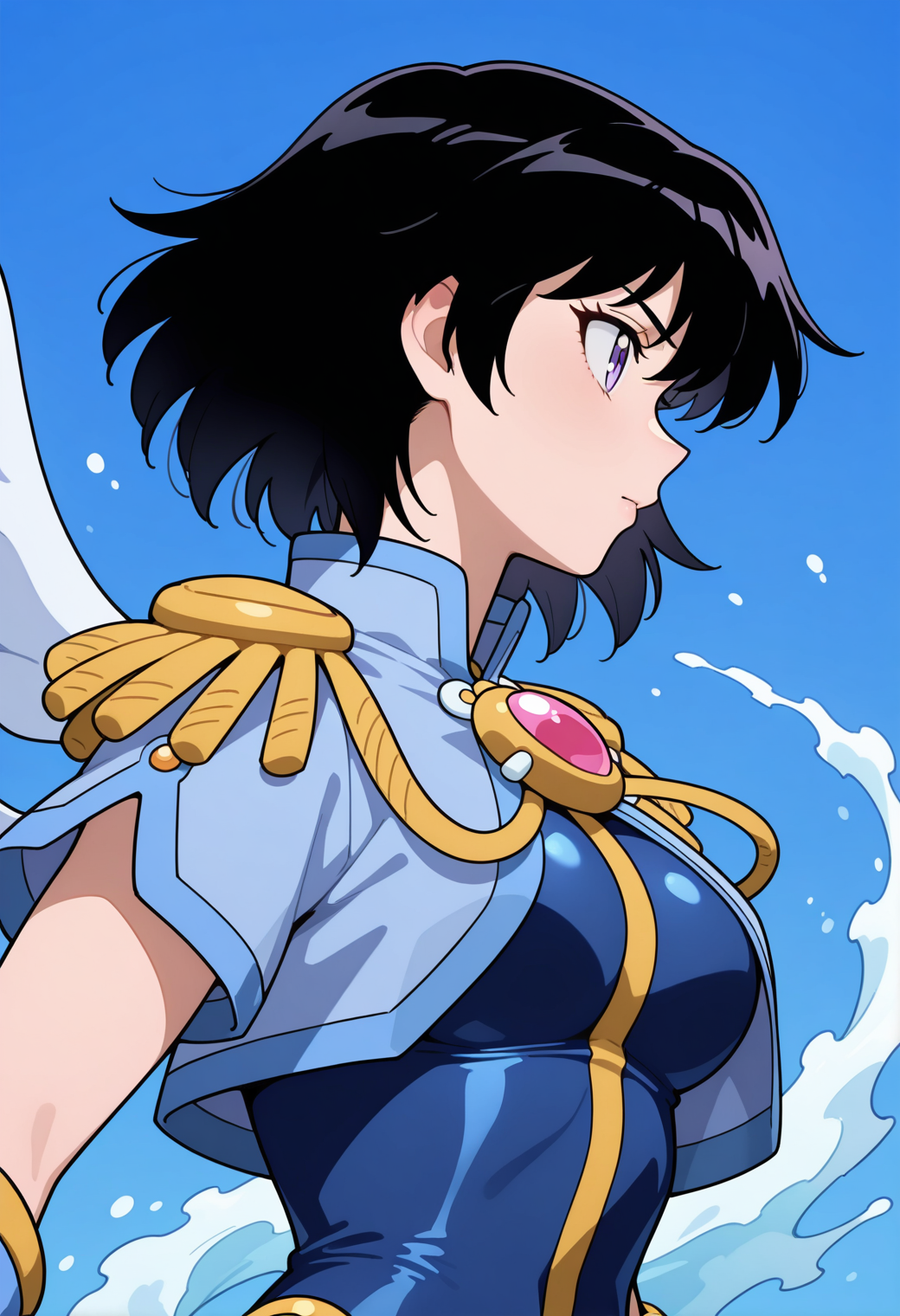 masterpiece, best quality, very aesthetic, absurdres, 1girl, solo,
<lora:corrector_ai_water_v02:0.9>, corrector_ai, water_element_suit, black hair, short hair, purple eyes,
magical girl, epaulettes, blue bodysuit, aiguillette, profile, upper body,
