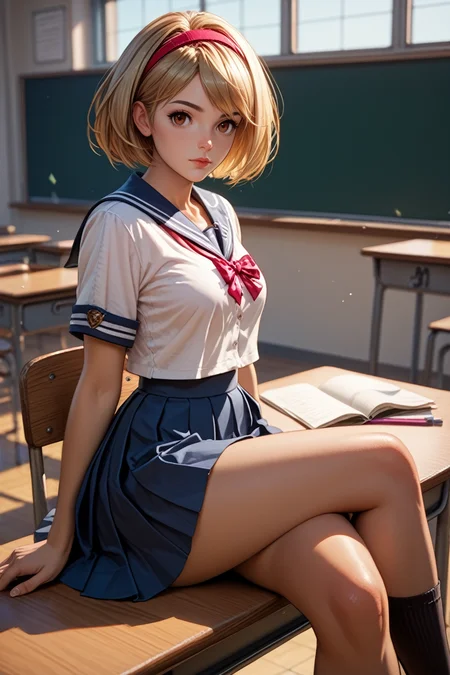 score_9, score_8_up, score_7_up,
<lora:GFGita:0.8>
GFGita, 1girl, blonde hair, brown eyes, short hair, hairband, looking at viewer, school uniform, classroom, sitting, crossed legs, on desk