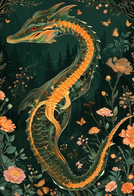 ral-granlum, flat illustration of a sea serpent with intricate orange pink patterns adorning its skeletal structure, facing to the right. The creature stands amidst a serene forest backdrop, surrounded by various trees, flowers, and butterflies. Its body is outlined with metallic gold. The color palette is dominated by soft pastels, with the creature's skeleton being the most prominent feature, contrasting beautifully with the floral elements.