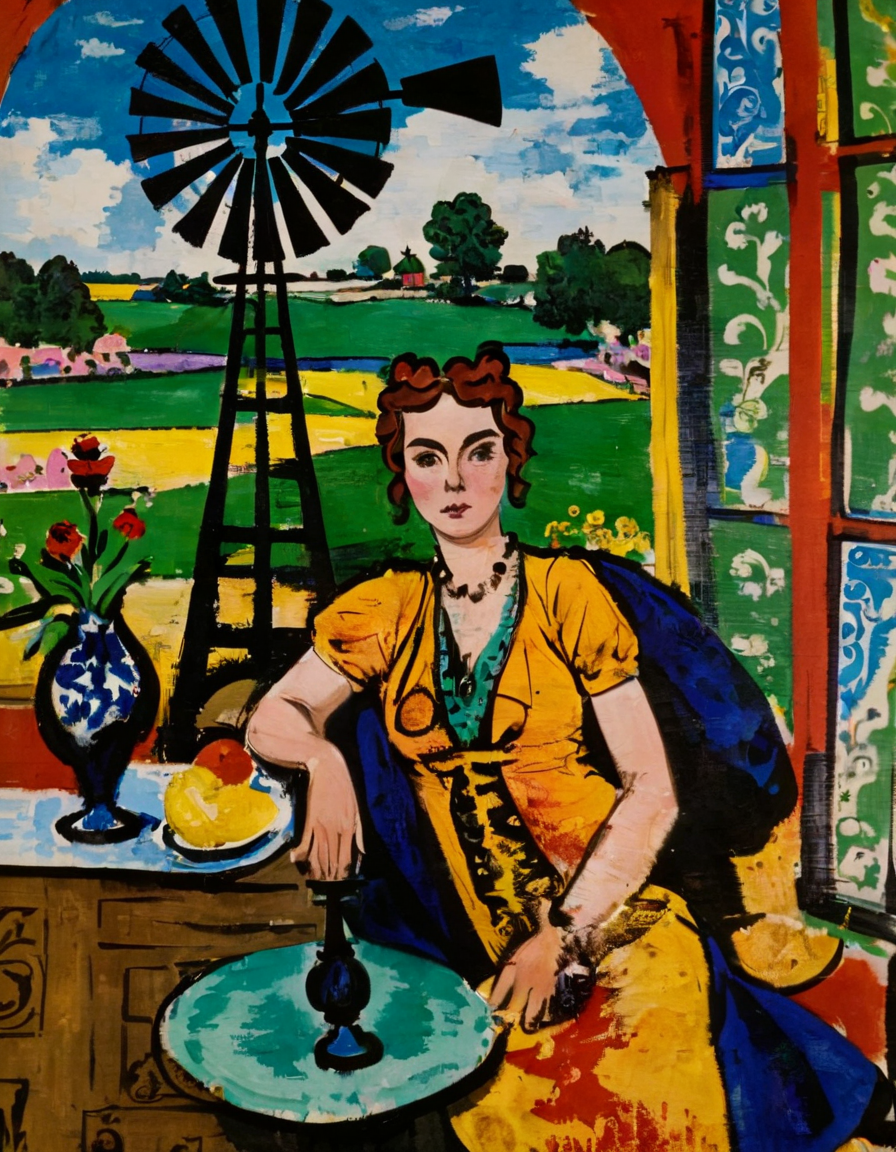 <lora:m4t1:1>m4t1 woman sitting in vibrant home windmill in background