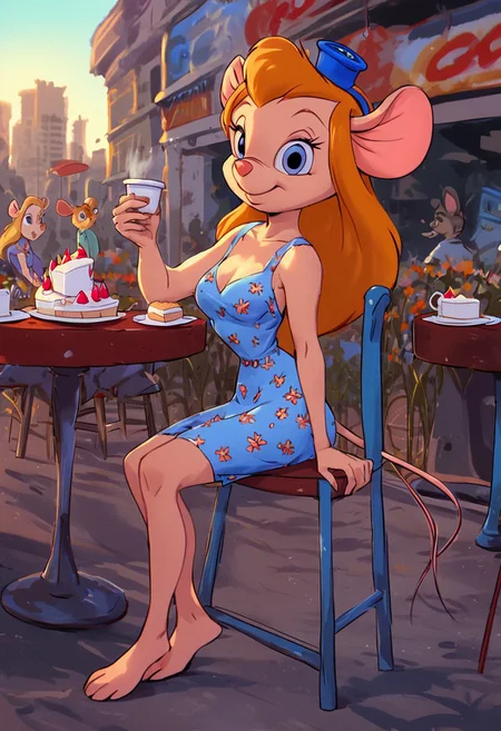 kftenhance, score_9, score_8_up, score_7_up, score_6_up, score_5_up, score_4_up
Day, city street, city background, Cafe, crowded, day
1gir, anthro mouse, gadget, medium perky breasts, short blue summer dress, flower print, makeup, smile, 3/4side view, sitting on chair at the table, cake and Coffee on the table, looking at view, barefoot